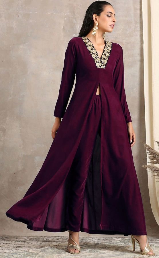 Wine Pure Velvet Suit Set with Thread Embroidery